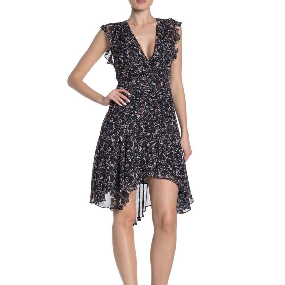 Allsaints Caris Sketch Dress Black Floral V-neck Wrap Fit & Flare NWT Size 4